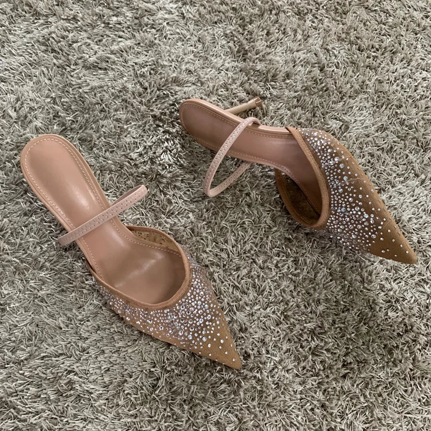Summer Women's Sandals – Rhinestone Mesh High Heels, Elegant Slingback Pointed Slip-On Party Pumps