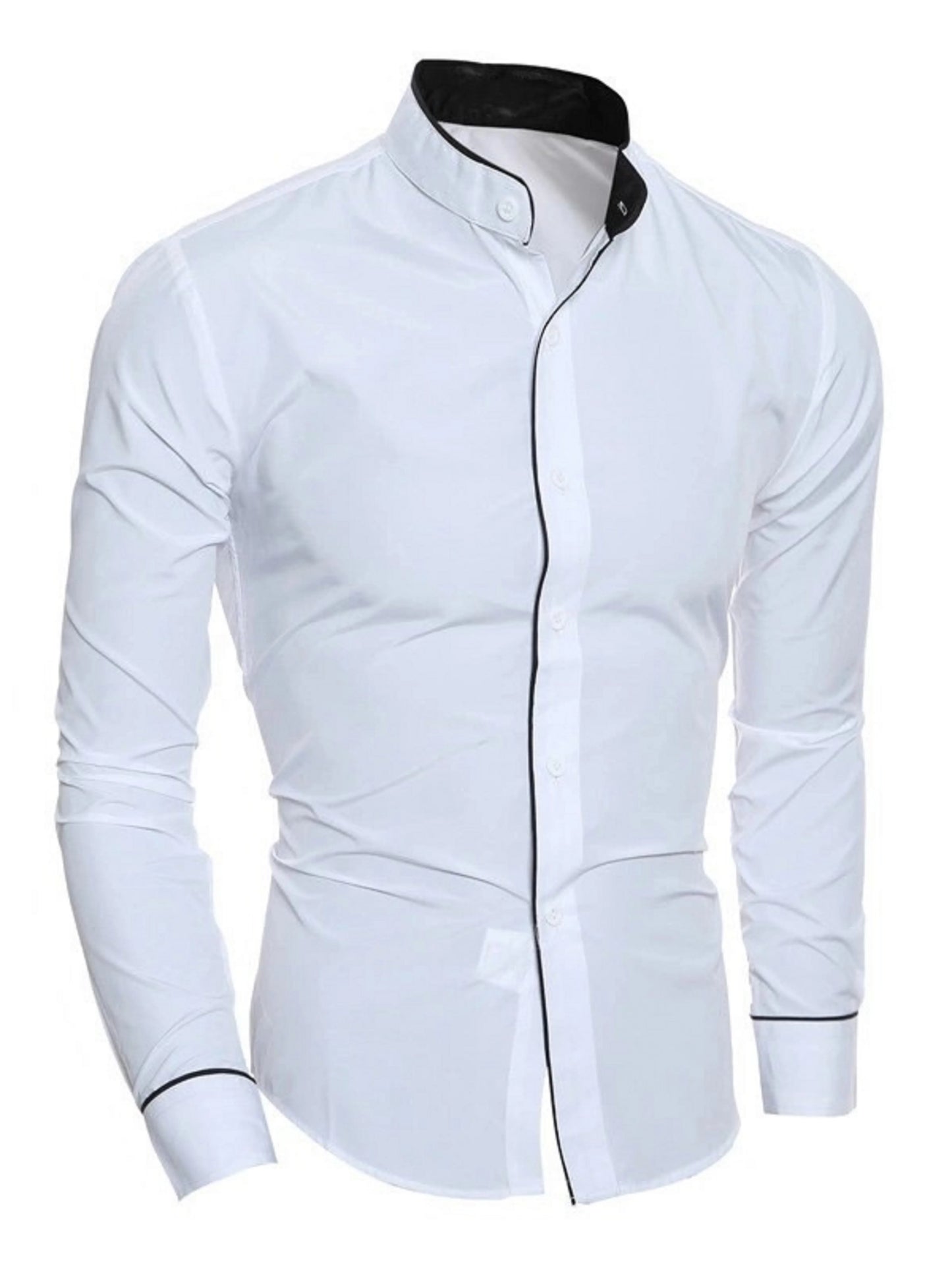 Men's Long-Sleeved Solid Color Shirt – Stand-Up Collar, Comfortable Button-Down, Fashionable Slim Fit Shirt
