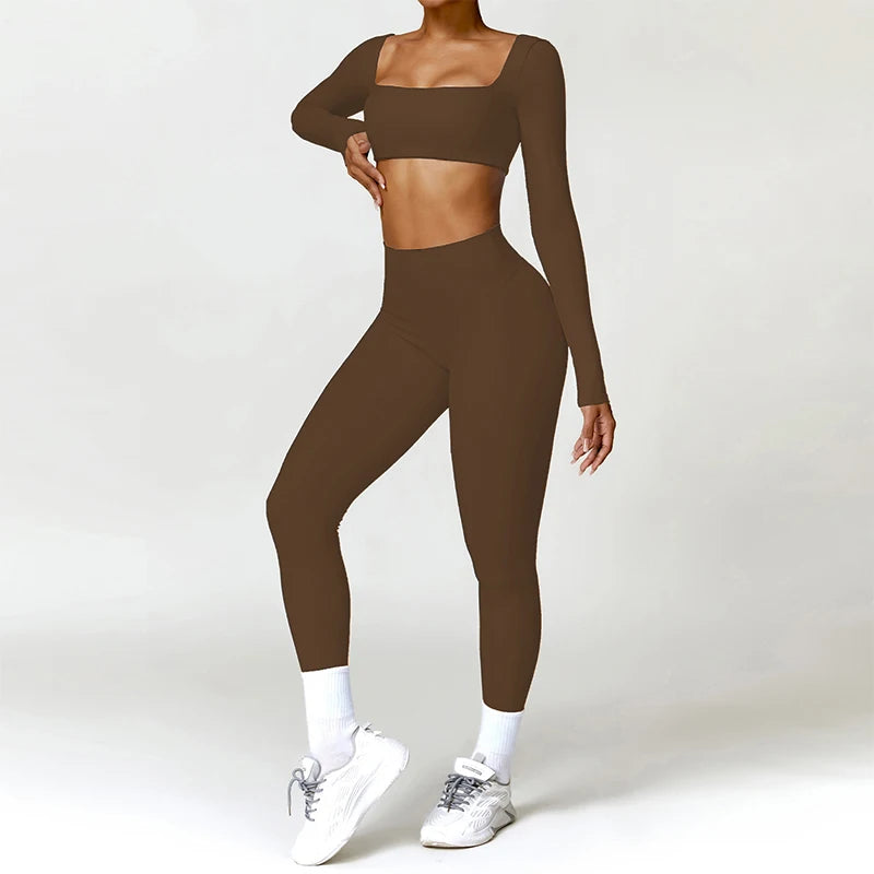 2PCS Women's Yoga & Gym Set – Quick-Dry Long Sleeve Sports Shirt & Leggings for Running & Workout