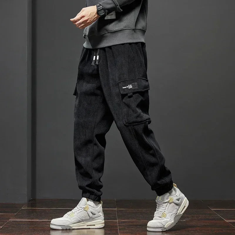 Men's Corduroy Harem Cargo Pants – Spring Autumn Streetwear, Army Green/Gray/Black, Elastic Waist Casual Joggers Sweatpants