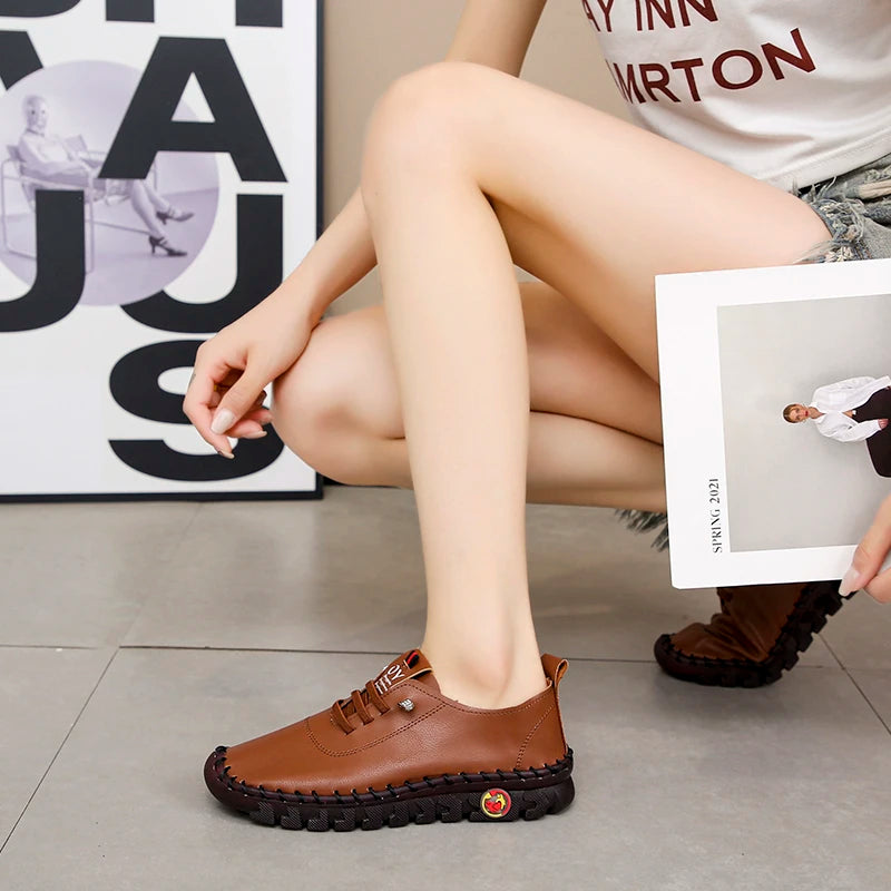 Lace-Up Leather Loafers - Flat Casual Shoes for Women, New Spring Collection, Outdoor Travel and Walking Sneakers