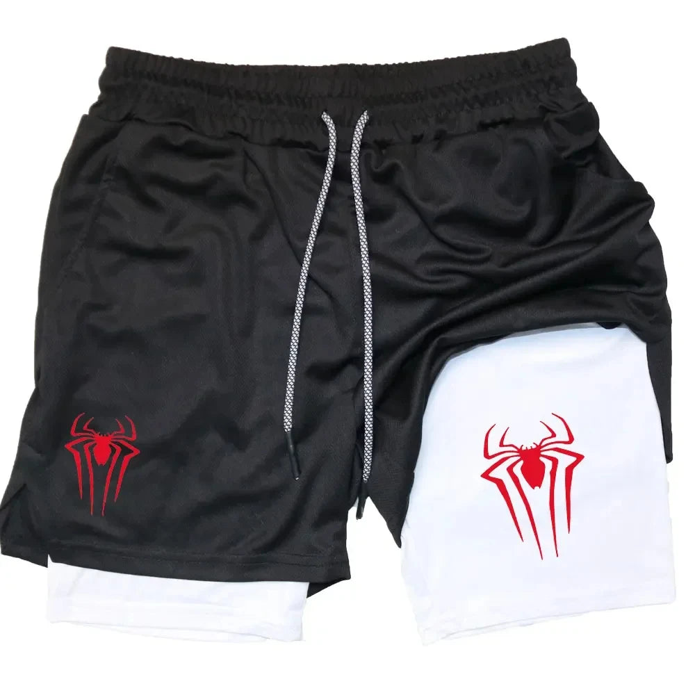 Y2K Performance Shorts Men – Spider Printed, Gym Casual Sports, Compression Shorts, Workout, Running, Mesh 2-in-1 Sport Shorts