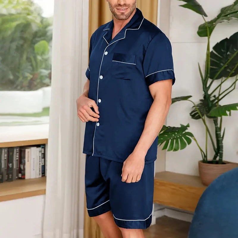 Men's Summer Pajamas Set – Short Sleeve, Button-Down Shirt with Pocket, Matching Shorts, Comfortable Loungewear Sleepwear