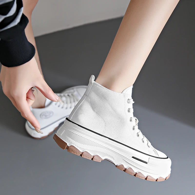 Women’s High Top Canvas Sneakers - Lace-Up, Non-slip, Wear-Resistant, Spring Platform
