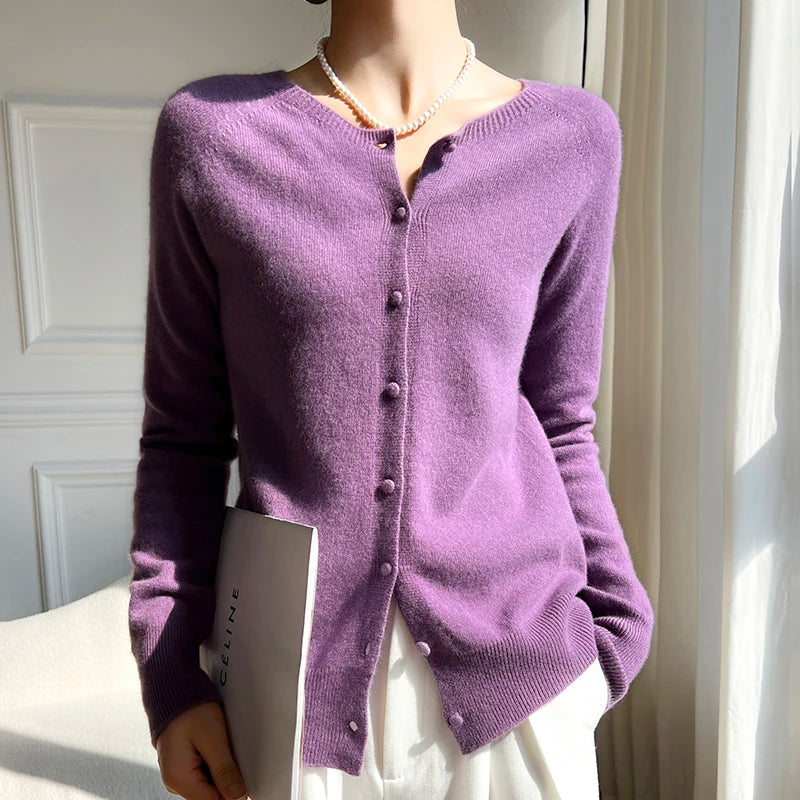 100% Wool Cardigan – Solid Color, Warm Knitwear, Casual Autumn Winter Outerwear