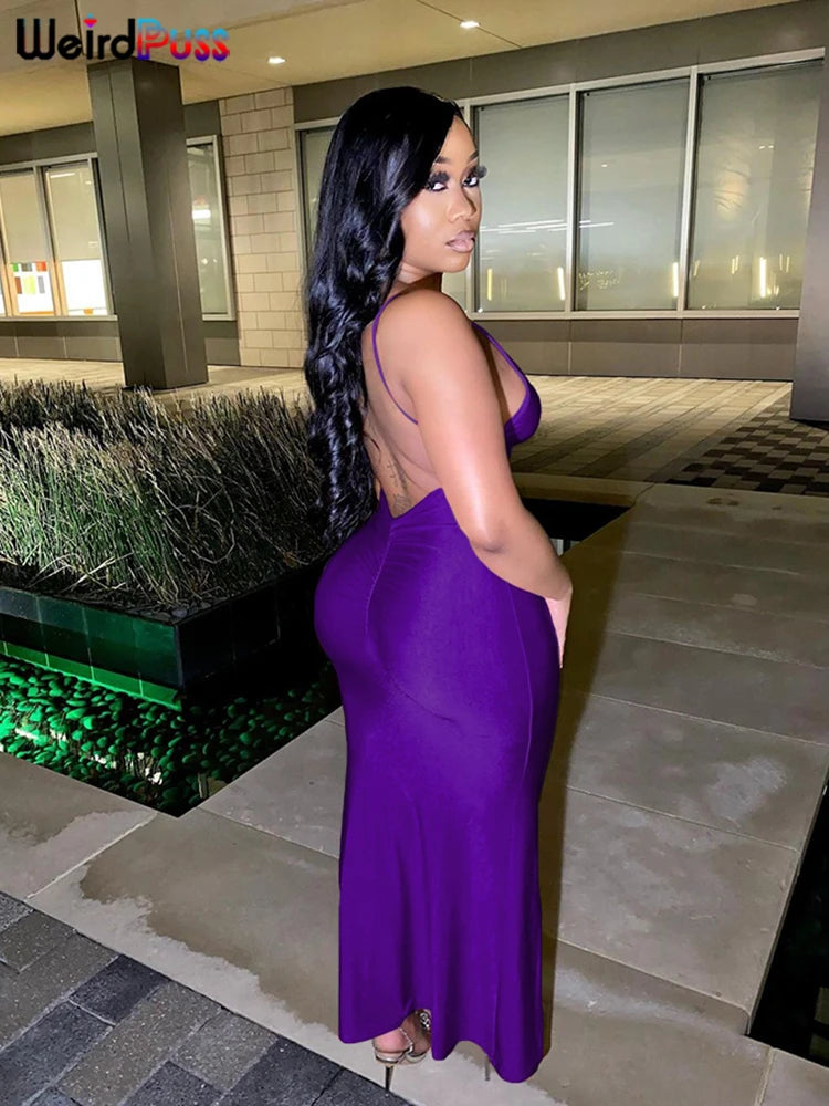 Weird Puss Sexy Backless Maxi Dress – V-Neck, Sleeveless, Elegant Mermaid Bodycon Evening Gown for Banquet & Prom