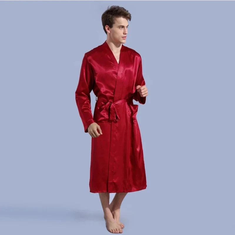 Men's Satin Kimono Robe – V Neck, Long Bathrobe, Sleepwear, Christmas & Wedding Party Loungewear Gown