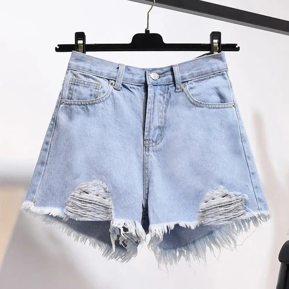 Women's Cowboy Shorts – Korean Style, High Waist, Casual, Denim, Pocket Design, Tassel, Perforated, Ripped Holes, Y2K White Jeans