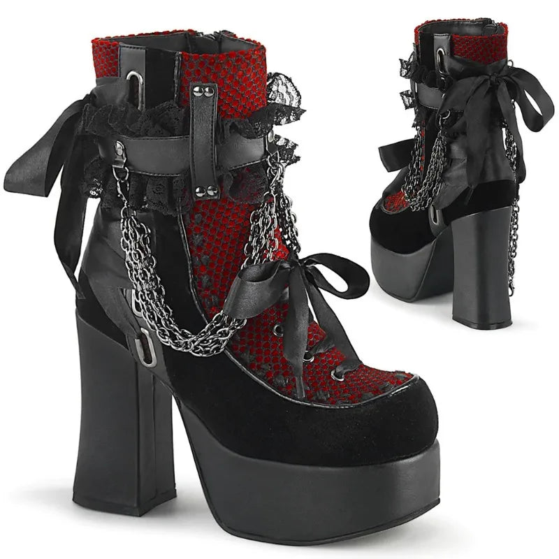 Gothic Style Chain Lace Up Bow Women Short Boots – Retro Round Toe, Square Heel, Chunky Platform Ankle Boots, Punk Ladies Party Shoes