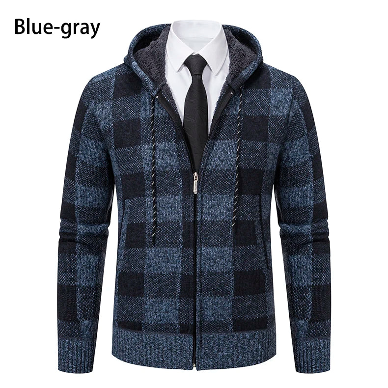 Men's Cardigan – Fashion Plus Velvet Padded Knit Jumpers, Male Sweater, Hooded Plaid Korean Luxury Brand Coat
