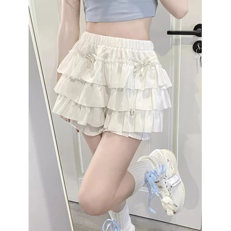 Y2K Sweet Ruffle Mini Skirt – Kawaii Lolita A-Line, Harajuku High-Waisted Bow Skirt in Pink & White