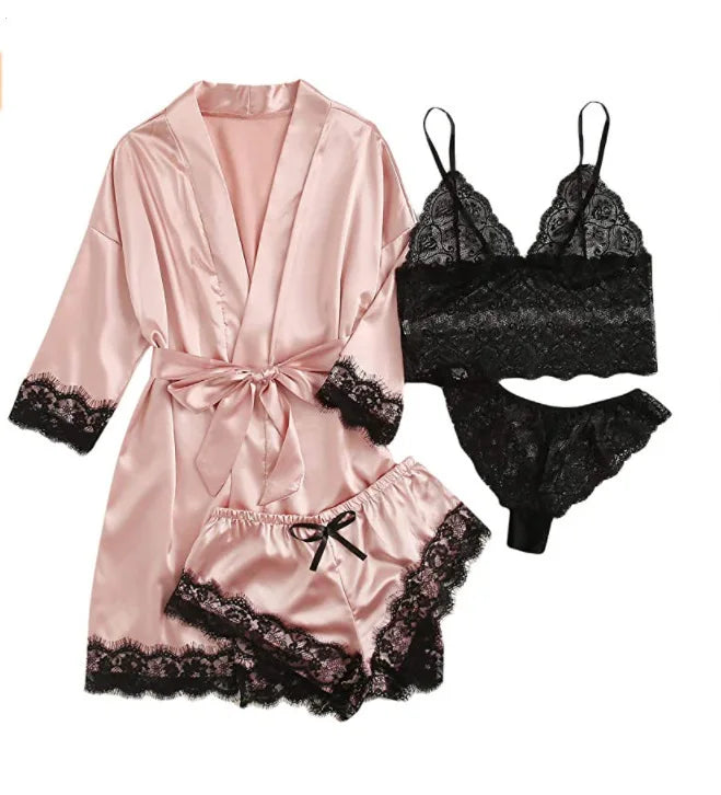 Women Fashion Pajama Print – Sexy Lace Trim Faux Silk Satin Pajama Set Gown, Skin-Friendly Comfort Loungewear, Sexy Pajamas