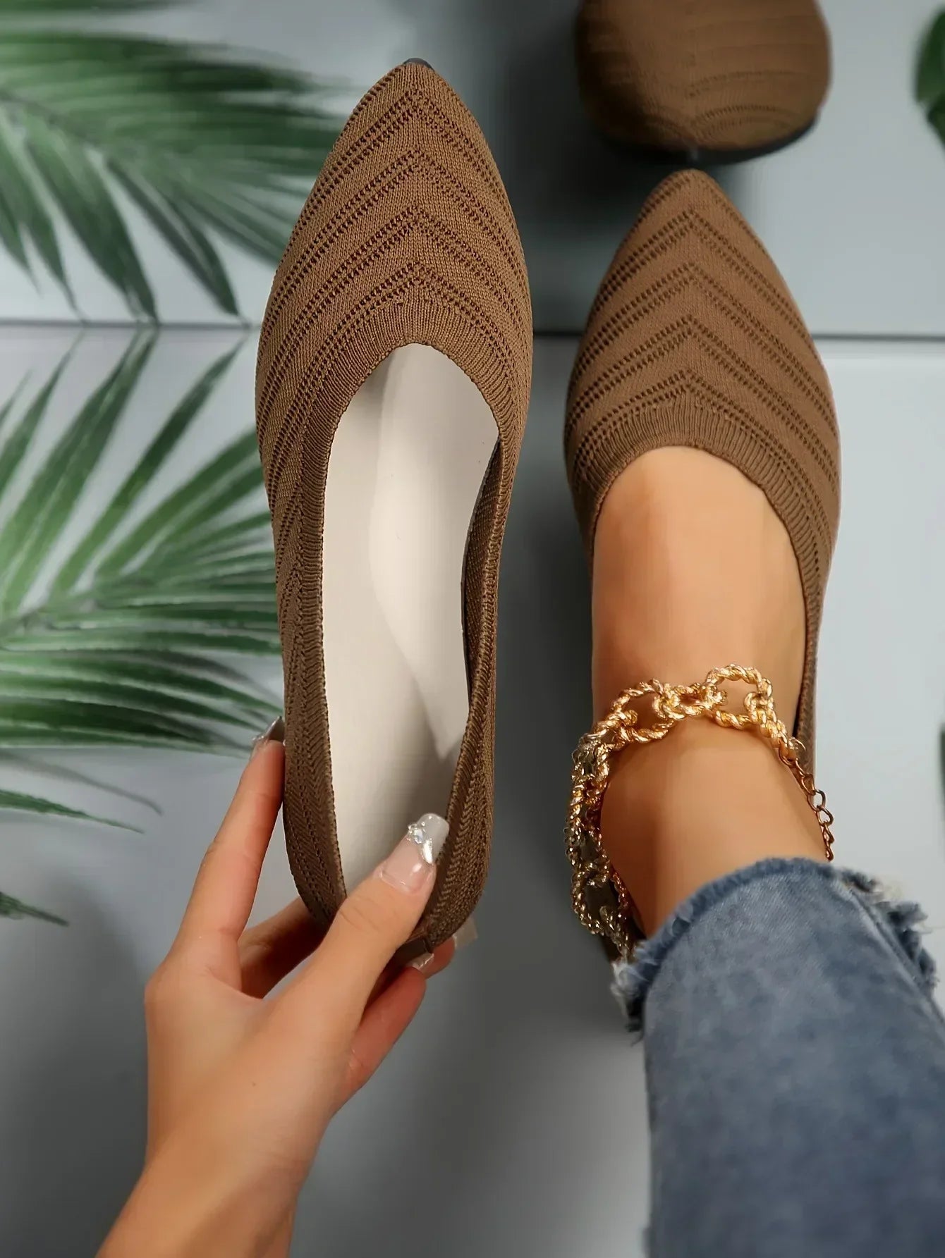 Pointed Toe Flats - Solid Color Knitted Slip-On Office Shoes, Casual Ballet Flats, Women's Loafers, Zapatos de Mujer