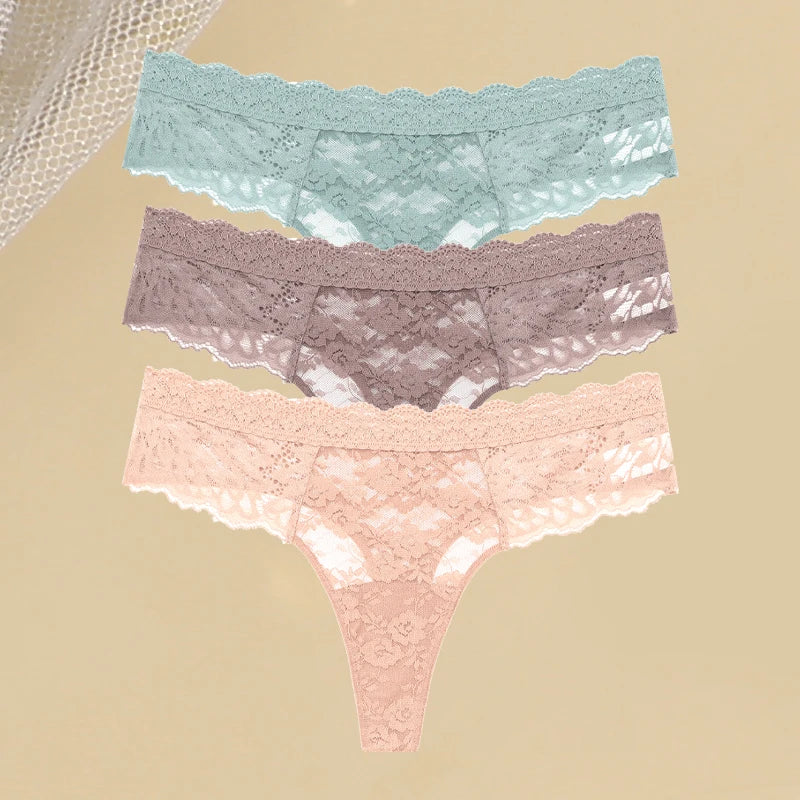 3PCS Lace Hollow Out Thong Panties – Sexy Floral Print, Solid Color, Low Waist, Breathable G-String Lingerie