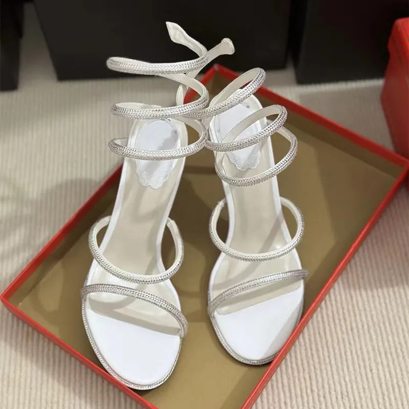 Snake Twine Around Crystal Sandals - Luxury Rhinestone Thin High Heels Gladiator Sandals, Party Prom Fashion Shoes for Women, Summer
