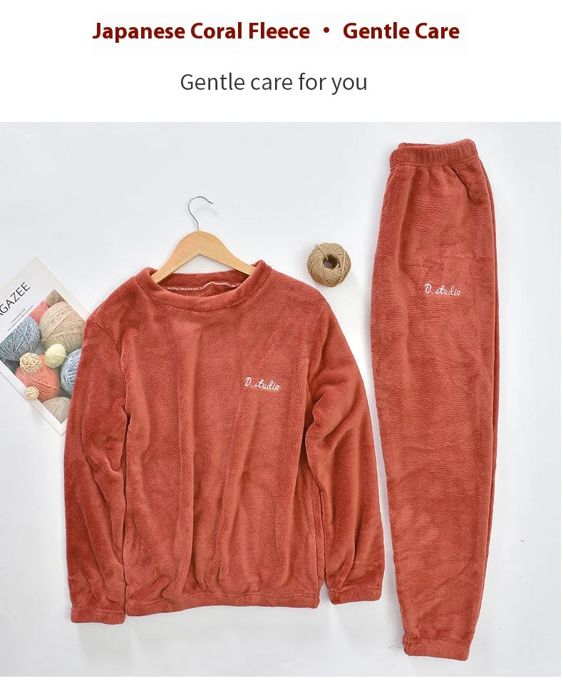 Men's Coral Velvet Pajamas – Thickened, Warm, Long Sleeve & Trousers, Solid Color, Soft Sleepwear, Autumn Winter 2PCS Set
