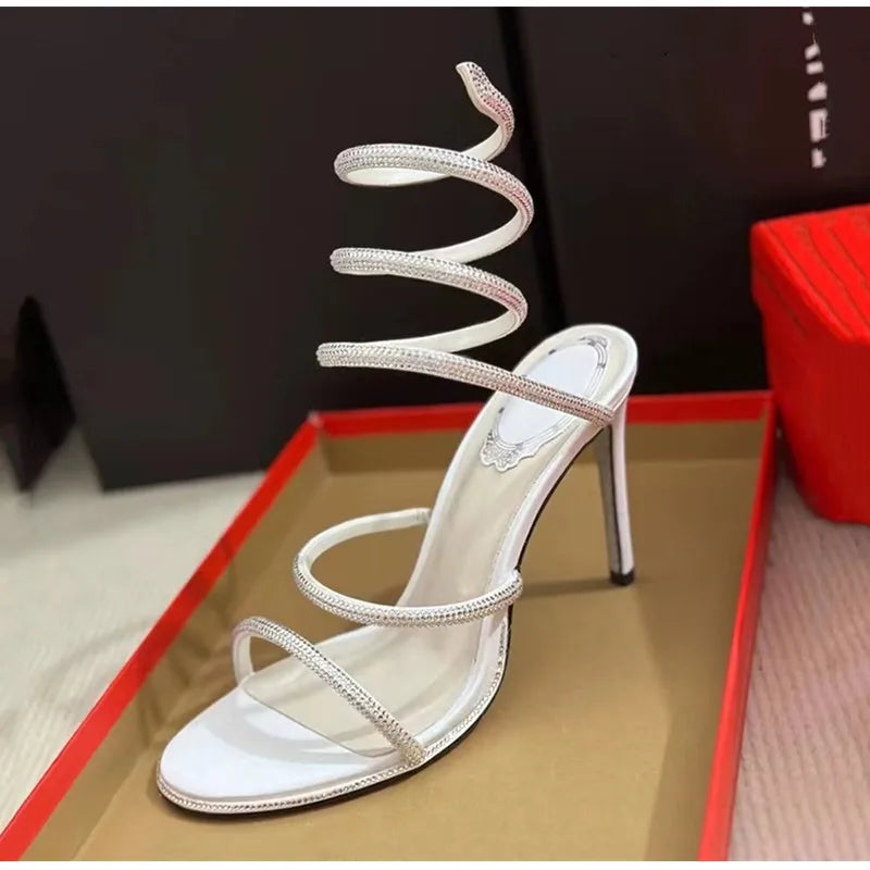 Snake Twine Around Crystal Sandals - Luxury Rhinestone Thin High Heels Gladiator Sandals, Party Prom Fashion Shoes for Women, Summer