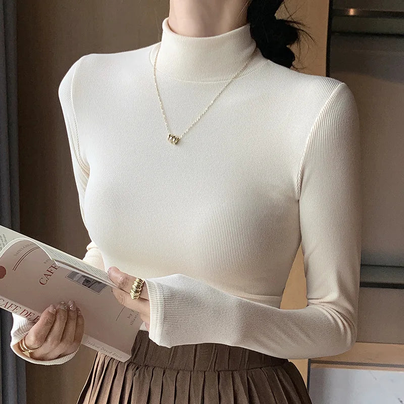 Knitted Half-Turtleneck Pullover – Elegant Korean Fashion, Long Sleeve, Women’s Sweater Jumper