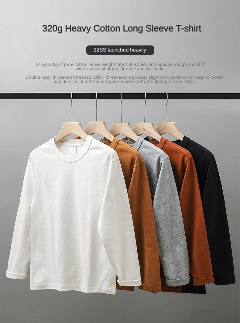Heavyweight Long-Sleeve T-Shirt – 100% Cotton, O-Neck, Plain White, Oversized Men's Wear