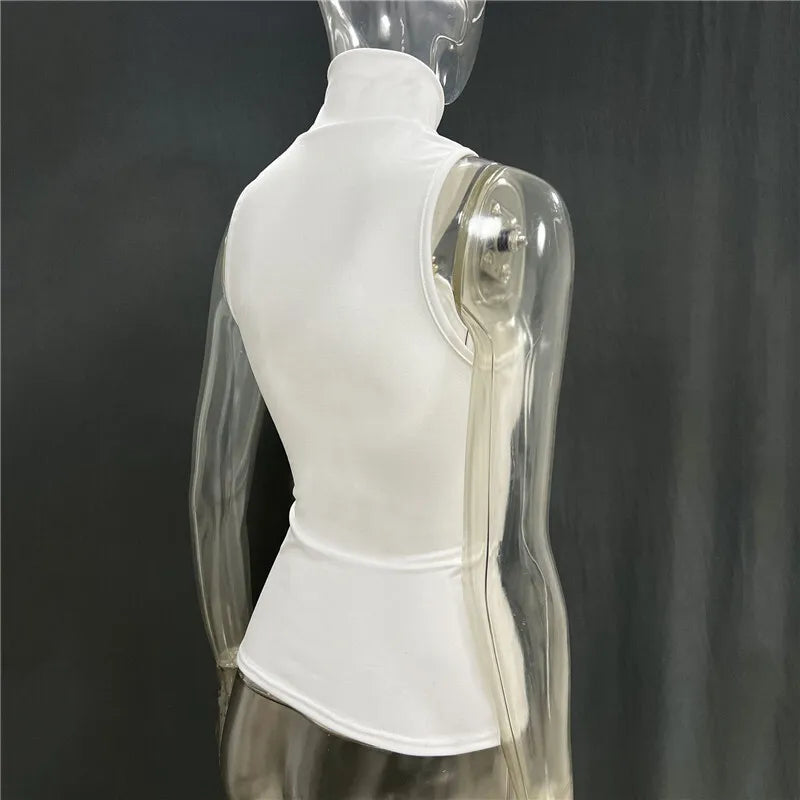 Turtleneck Basic Knit Tank Top – Sleeveless, Metal Ring Detail, Pullover, Skinny Fit, Y2K Style, Cropped, Women's Fashion