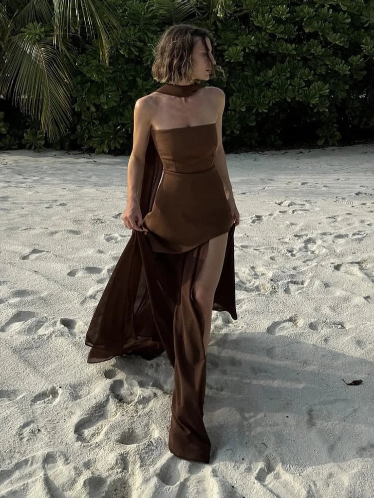 Elegant Strapless Mesh Dress – Ribbon Detail, Sleeveless, Long Beach Vacation Dress, Spring Fashion