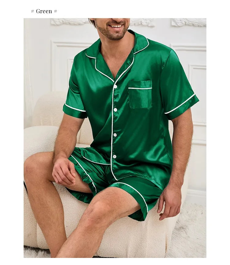 Men's Summer Pajamas Set – Short Sleeve, Button-Down Shirt with Pocket, Matching Shorts, Comfortable Loungewear Sleepwear