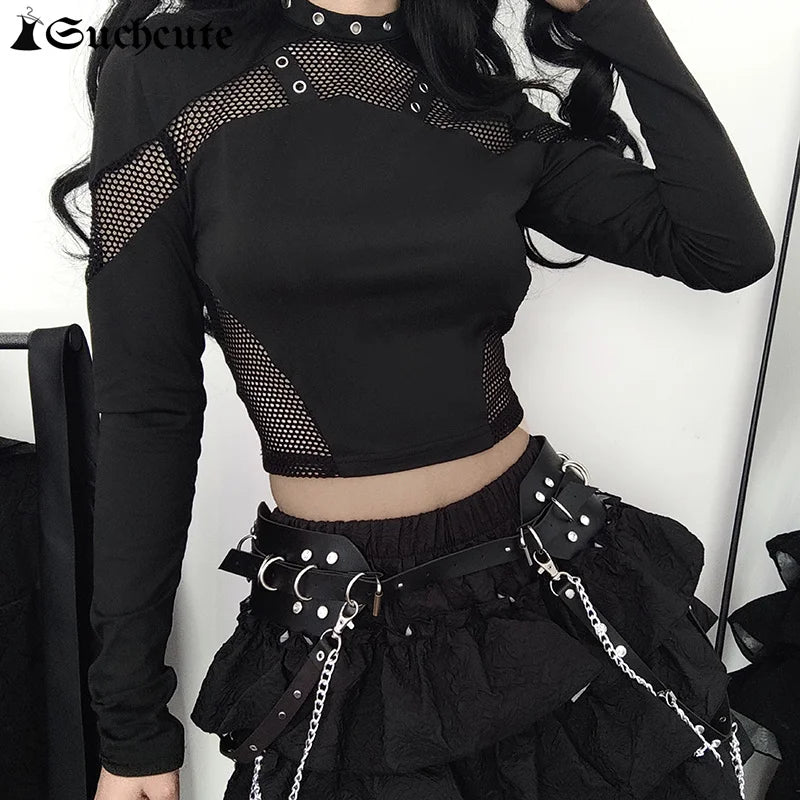 Goth Mesh Patchwork Crop Top – Sexy Hollow-Out, Long Sleeve, Eyelet Detail, Punk Style, Slim Fit Streetwear Tee