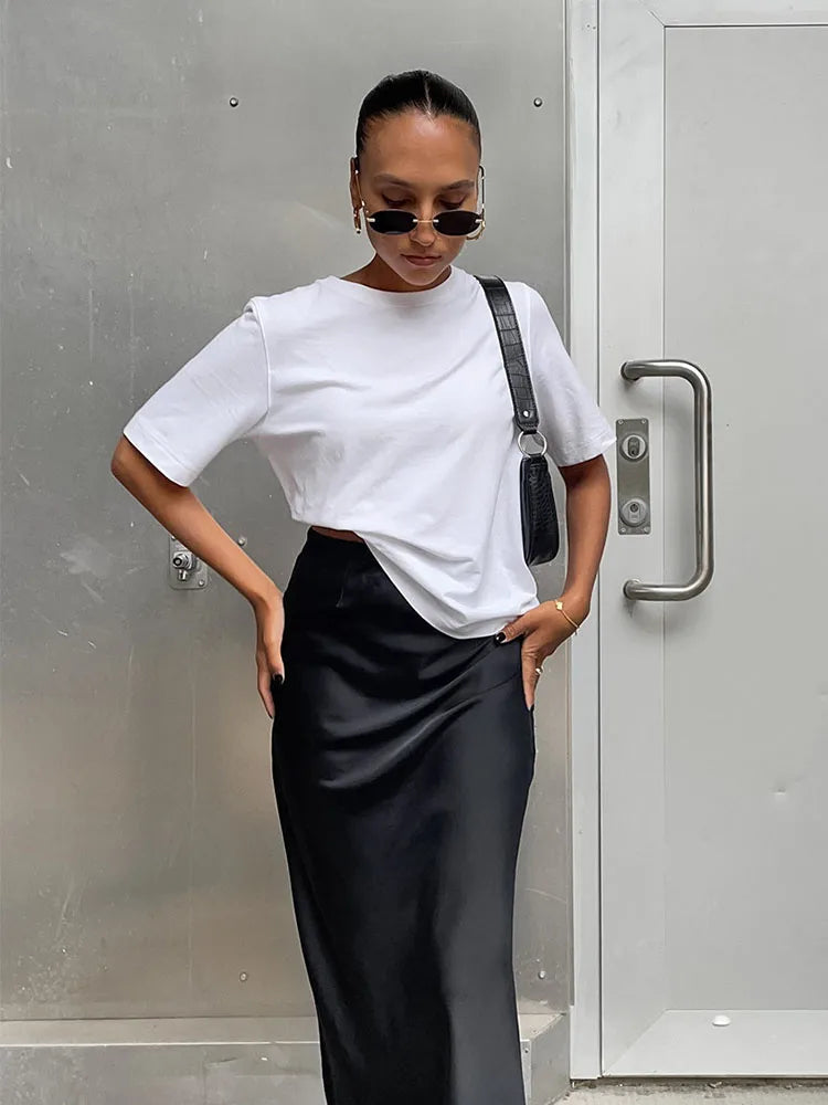 Elegant Satin Trumpet Skirt – Slim Fit, High Waist, Solid Color, Office Wear, Long Skirt, Spring Summer