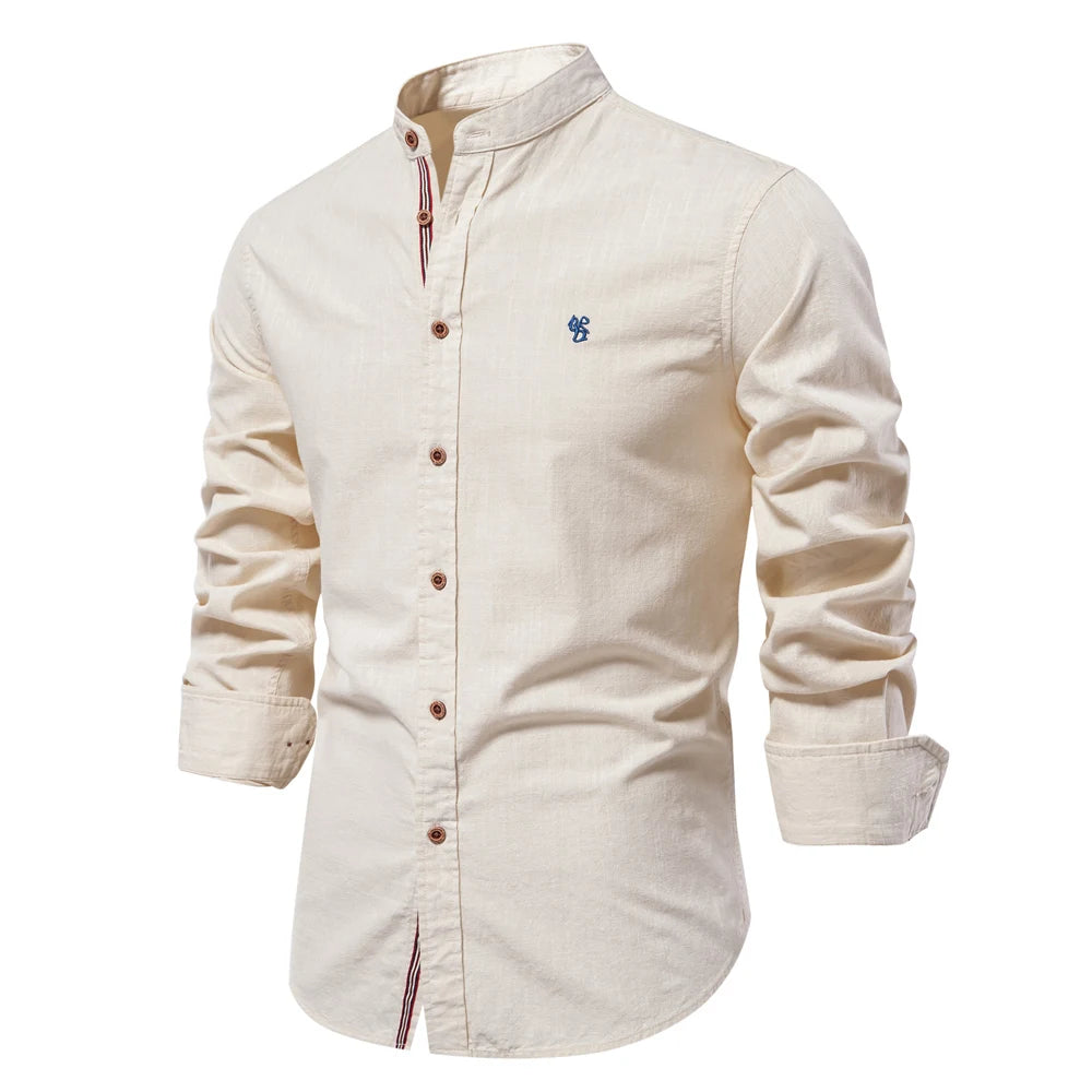100% Cotton Social Shirt For Men – Solid Color, Long Sleeve, High Quality Brand, Spring Stand Collar, Casual Style