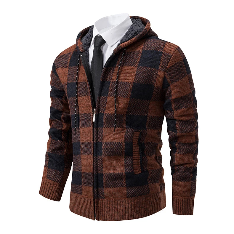 Men's Cardigan – Fashion Plus Velvet Padded Knit Jumpers, Male Sweater, Hooded Plaid Korean Luxury Brand Coat