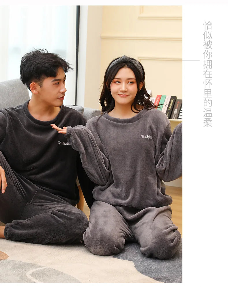 Men's Coral Velvet Pajamas – Thickened, Warm, Long Sleeve & Trousers, Solid Color, Soft Sleepwear, Autumn Winter 2PCS Set