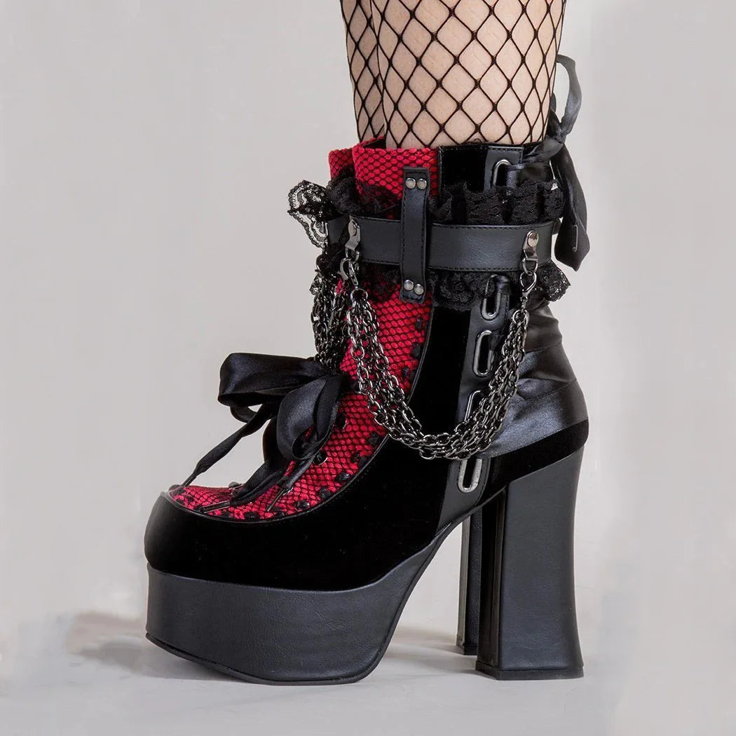 Gothic Style Chain Lace Up Bow Women Short Boots – Retro Round Toe, Square Heel, Chunky Platform Ankle Boots, Punk Ladies Party Shoes