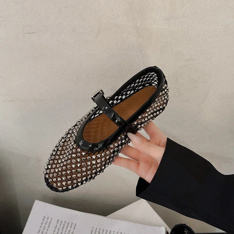 Mesh Breathable Rhinestone Fashion - Versatile Women's New Foreign Style Niche Belt Flat Soft-Soled Mary Jane Shoes