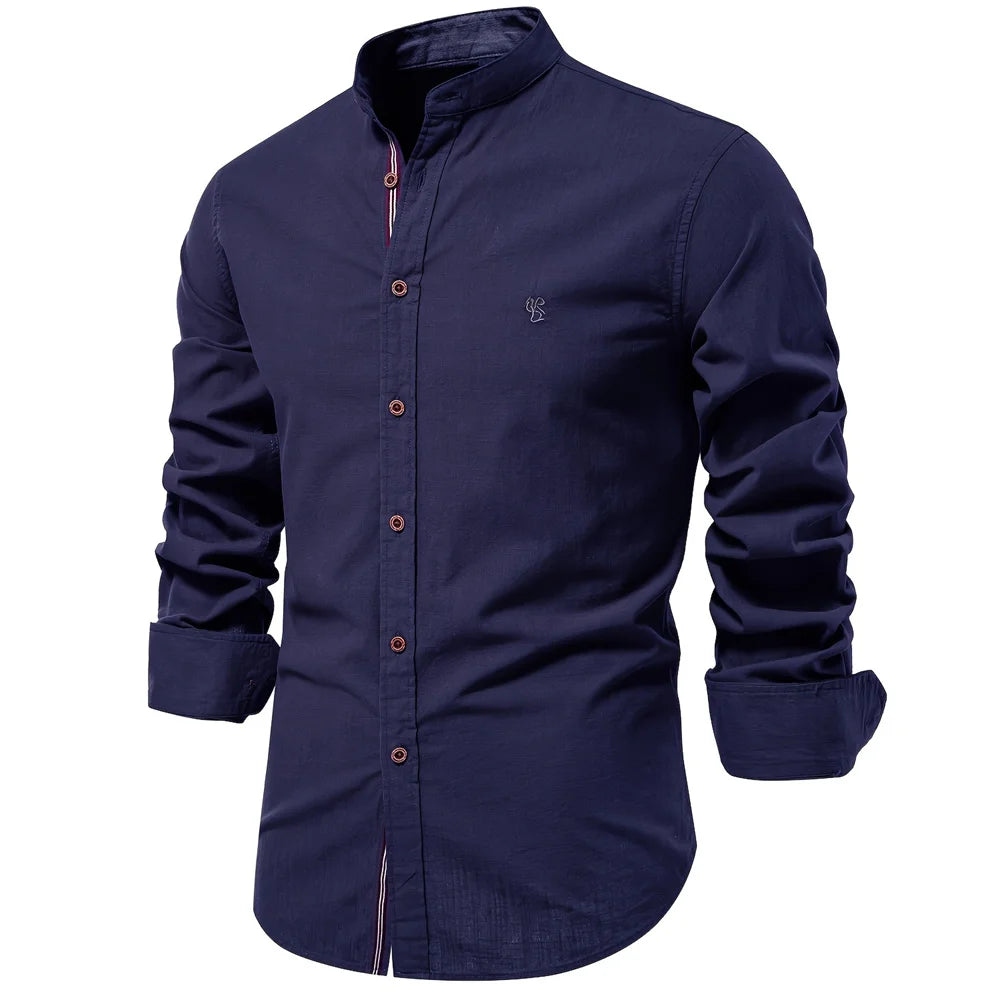 100% Cotton Social Shirt For Men – Solid Color, Long Sleeve, High Quality Brand, Spring Stand Collar, Casual Style
