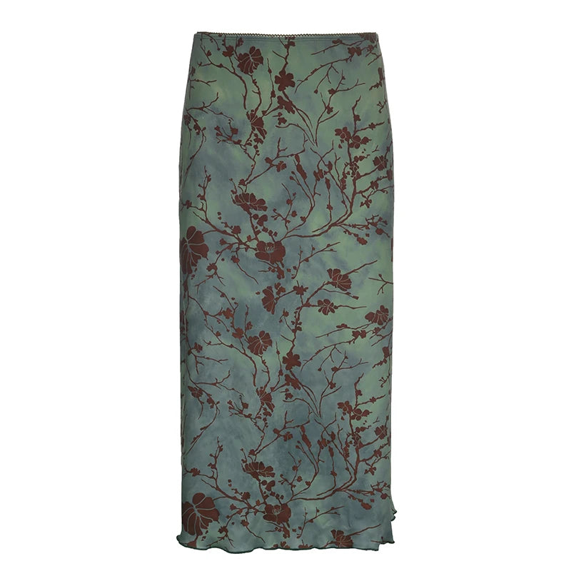 Floral Print Long Skirt – Vintage Low-Rise, Straight Midi, Spring Summer, Y2K Style