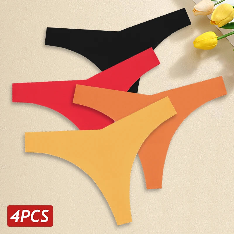 4PCS Women's Seamless Ice Silk Thongs – Sexy, Low Waist, Ultra-Thin, Breathable, T-Back Underwear, No Trace Lingerie