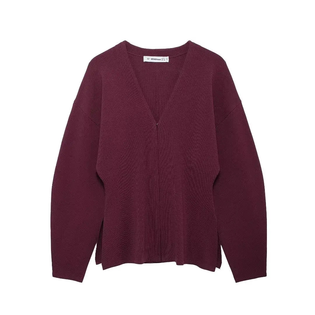 Elegant Knitted Cardigan – Burgundy Red, V-Neck, Slim Fit, Long Sleeve, Autumn Office Chic Outerwear