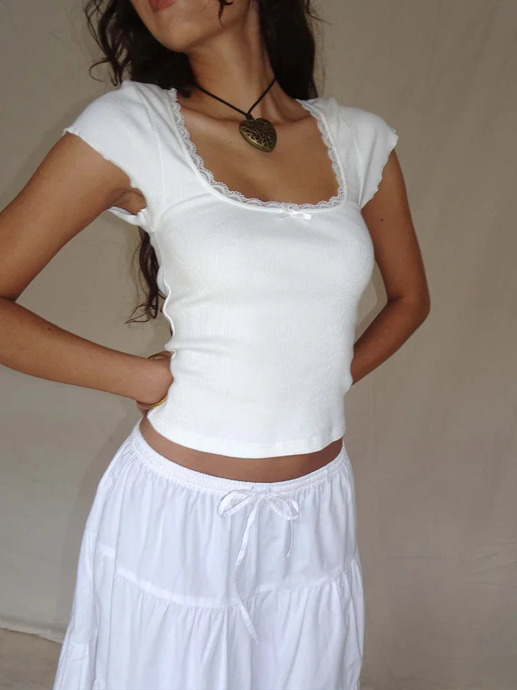 Y2K Vintage Baby Tee – Cottagecore Lace Trim, Knitted Square Neck Crop Top for Women
