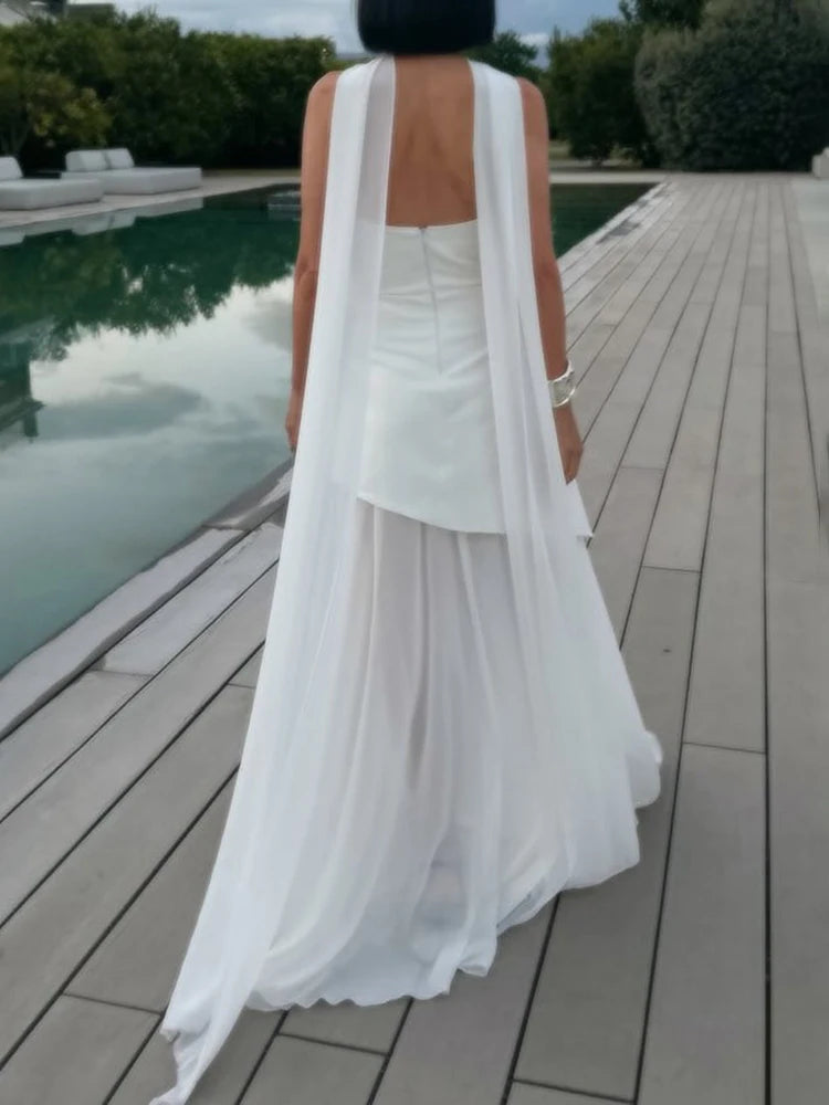 Elegant Strapless Mesh Dress – Ribbon Detail, Sleeveless, Long Beach Vacation Dress, Spring Fashion