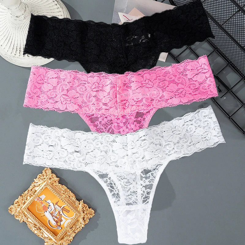 3PCS Lace Floral Thong Panties – Low Waist, Breathable, Sexy, Transparent, Solid Color Women's Underwear