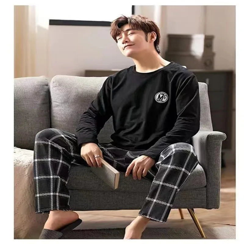Men's Summer Pyjamas – Long Sleeve, Black Plaid Trousers, Youth Style, Large Size, Two-Piece Homewear Set, Outdoor Wearable