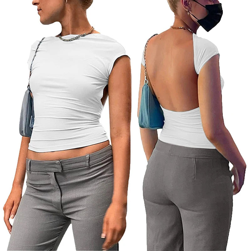 Sexy Backless T-Shirt – Short Sleeve, Solid Color, O-Neck, Fashionable, Summer, Clubwear, Streetwear, Casual, Slim Fit