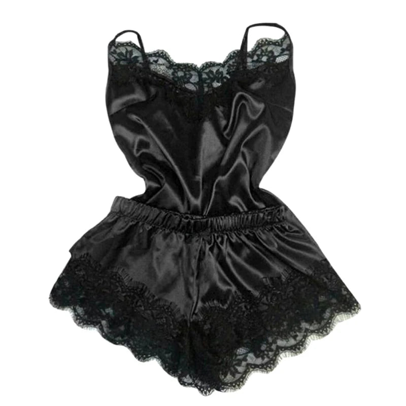 Fashion Nightwear Lace Trim Satin Cami Top Pajama Set – Sexy Hot Erotic Home Wear, Women's Sleeveless Sleepwear