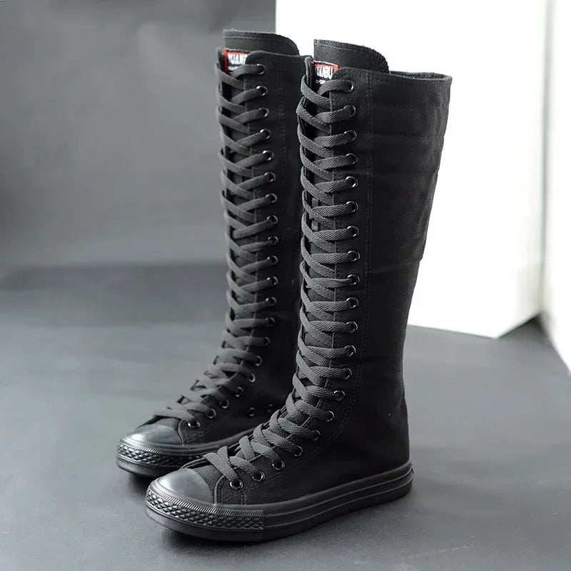Women's Canvas Long Boots – High-Top, Lace-Up Knee-High Flats, Casual Vulcanized Sneakers