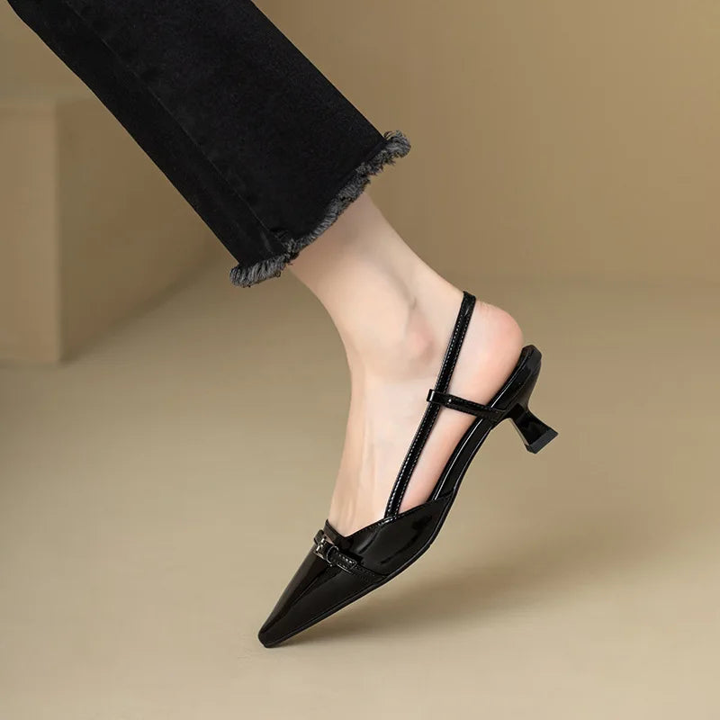Pointed Patent Leather Sandals - Mid-Heel Overhead Retro Skinny Heel Backless Shoes for Women