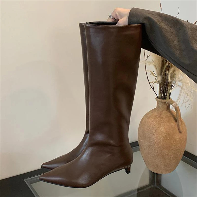 Fashion Sexy Pointed Low Heels Knee-High Boots – Women's Spring/Autumn PU Party Western Boots