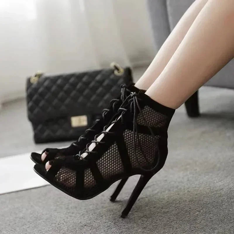 Sexy High Heels Hollow Mesh Sandals - Cross-tied, Peep Toe, Ankle Strap Dance Shoes