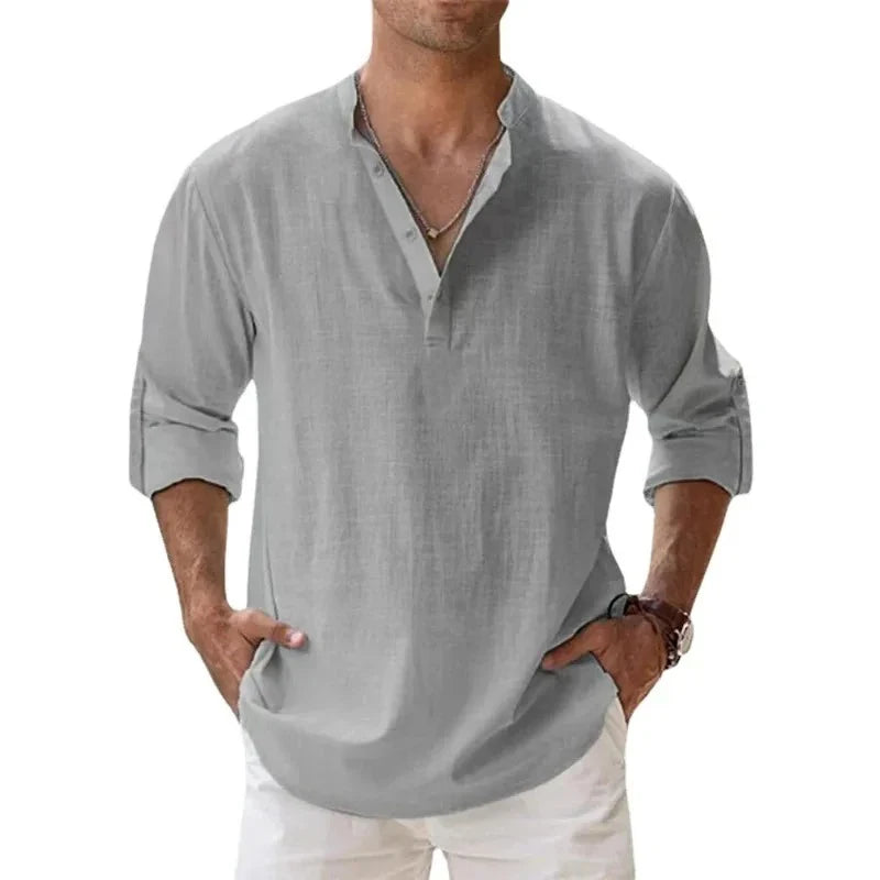 Streetwear Men Lightweight Shirts – Long Sleeve Henley Cotton Linen Shirts for Men, Beach Hawaiian Shirts, Breathable Collar T-shirts