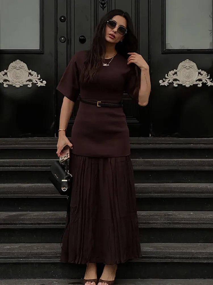 Chic Splicing Brown Maxi Dress – Half Sleeve, Pleated A-line, Slim Fit, Casual Office Commute Streetwear