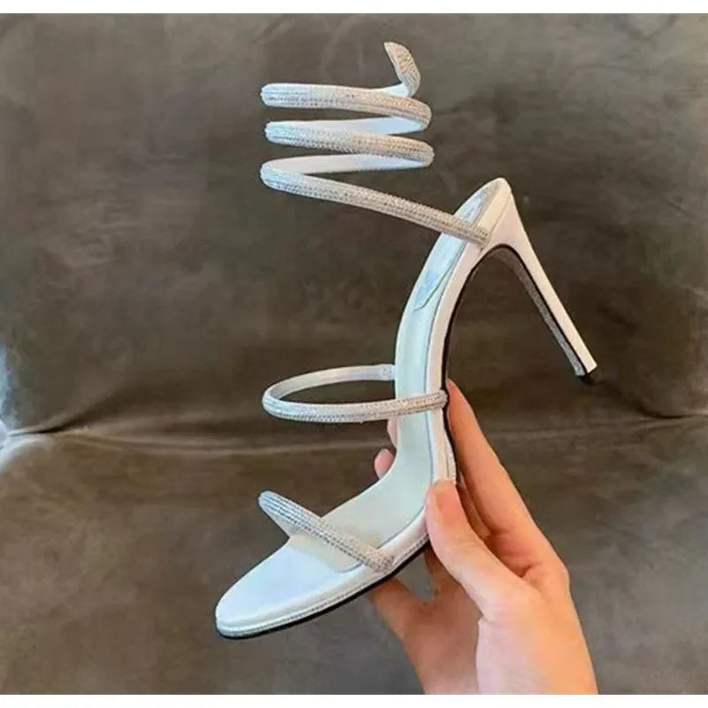 Snake Twine Around Crystal Sandals - Luxury Rhinestone Thin High Heels Gladiator Sandals, Party Prom Fashion Shoes for Women, Summer